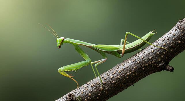 Macro photograph of a green praying mantis resting on a textured tree branch with a blurred green background photo