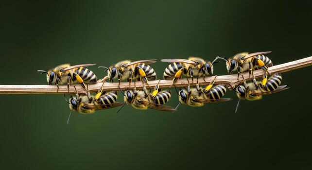 A close-up macro photograph of a row of honeybees hanging from a thin branch with a blurred green background photo