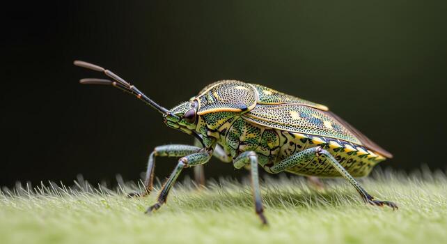 Macro photograph of a Green Stink Bug with intricate patterns on its shell, perched on a blade of grass photo