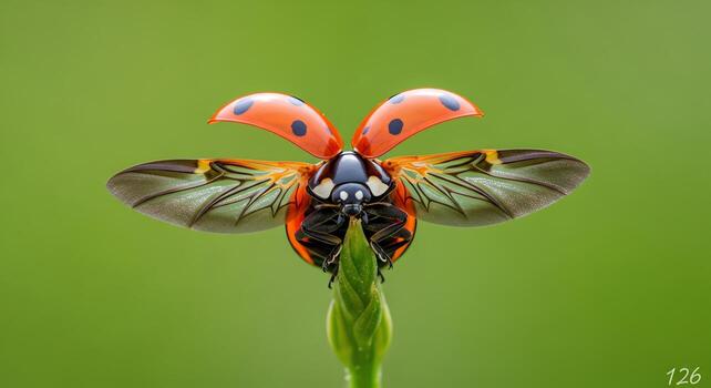Close-up macro photo of a ladybug taking flight with wings spread open on a vibrant green background