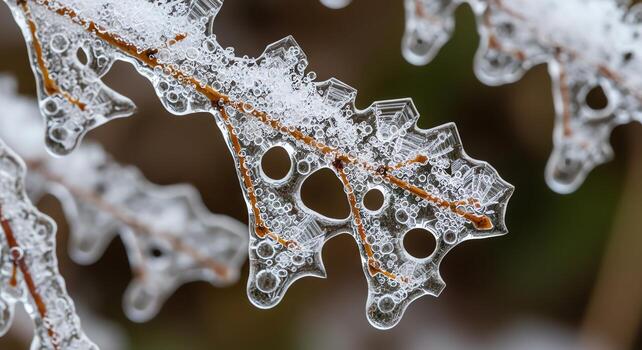 A glacial pattern of ice crystals forms on tree branches during winter, creating delicate natural art photo