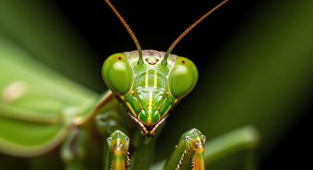 de cerca de un Orando mantis con sus distintivo triangular cabeza y grande compuesto ojos, macro fotografía foto