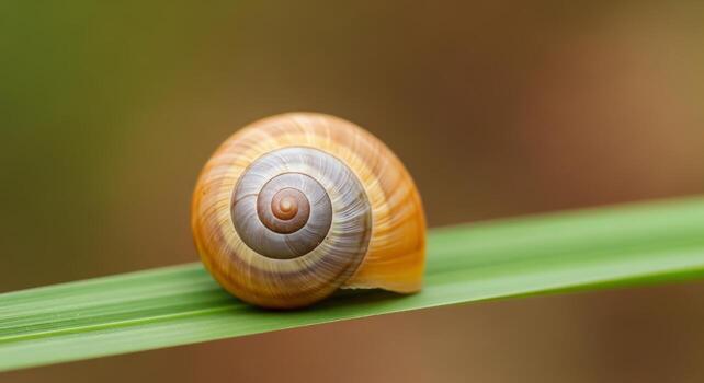 Macro shot of a colorful snail shell resting on a blade of grass with a blurred green and brown background photo