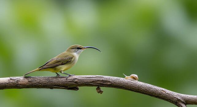 un curioso pájaro con un largo pico inspecciona un minúsculo caracol en un árbol rama en un natural ajuste foto