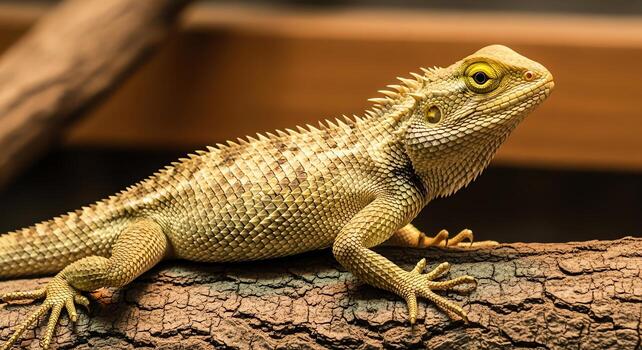 Close-up macro shot of a beige lizard with sharp scales perched on a textured tree branch photo