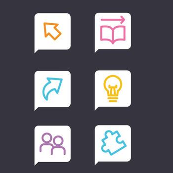 Set of six simple and clean icons representing communication, learning, and teamwork, suitable for digital interfaces and presentations vector
