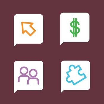 A collection of modern flat line art icons representing finance, teamwork, strategy, and navigation for website button design vector