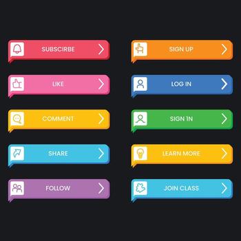 Vibrant Website Buttons Collection for User Interface Design Featuring Social Media Actions and Essential Navigation Elements vector