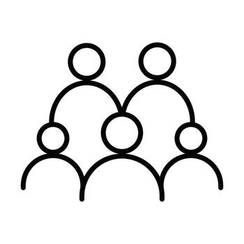 Minimalist line icon showing five abstract figures connected in a layered structure. Represents team dynamics, social network, or a small community. vector