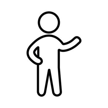 en pie persona icono con brazo extendido, simbolizando presentación, Bienvenido o introducción, sencillo contorno línea Arte para usuario interfaces vector