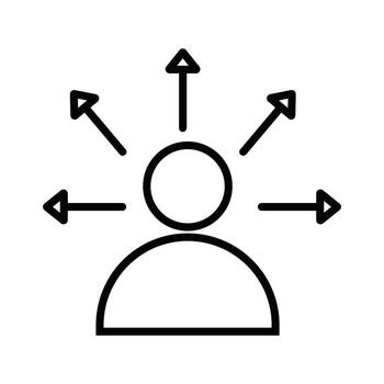 Minimalist line icon of a person surrounded by arrows pointing in various directions. Represents options, strategy, distribution, or decision complexity. vector