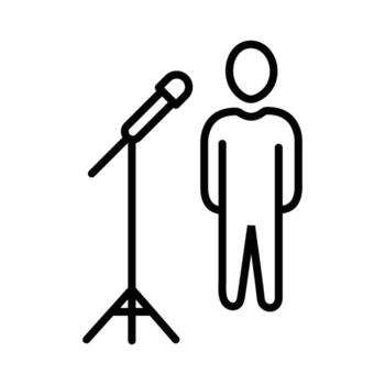 Public Speaker Icon, Standing Person at Microphone Stand, Presentation and Announcement Symbol, Simple Outline Graphic for Conference or Event. vector