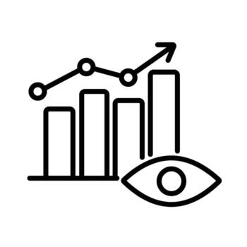 Line art icon combining bar charts, a rising trend line, and an eye, symbolizing data monitoring, financial growth tracking, and visual analysis. vector