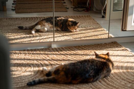 Lazy sleepy calico cat lying on jute carpet, resting and relaxing, reflected in mirror. Pet at home. photo