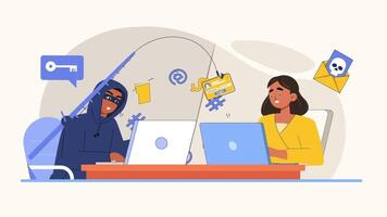 Cybersäkerhet hot med hacker stjäla data från intet ont anande kvinna använder sig av bärbara datorer, porträtterar risker av data överträdelser och uppkopplad bedrägerier video