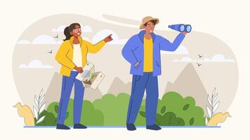 Adventurous couple exploring new hiking trail with map and binoculars, enjoying outdoor recreation and scenic views in nature setting, perfect for travel ads video