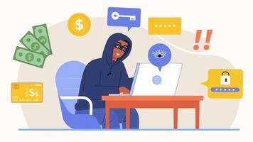 hacker leende som han förbifarter säkerhet på en bärbar dator med en Lösenord prompt, idealisk för Cybersäkerhet och data brott medvetenhet kampanjer video