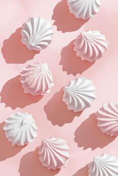 Pink White pastel marshmallow meringues zephyr pattern on Pink Background, Top view of swirled zephyr sweet dessert with shadow, minimal aesthetic layout, romance food, valentines day food photo