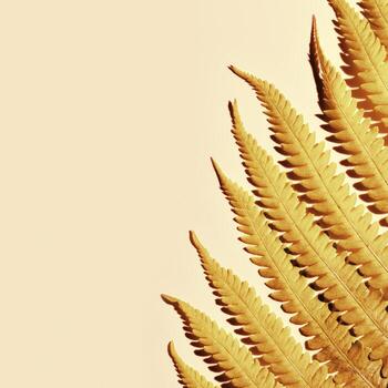 Golden Fern Leaf as natural background, closeup autumn texture, minimal botanical pattern, top view shiny gold leaves at sunlight with aesthetic organic shapes, warm color, nature pattern photo