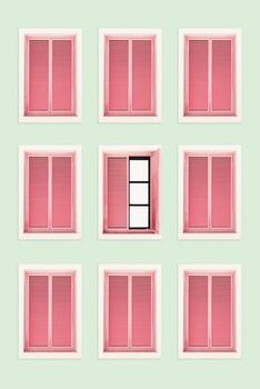 Minimal summer aesthetic pattern with pink windows and shutters on pastel mint green wall. Natural sunlight, closed and open windows frame. Summer, vacation, travel trend, retro style architecture photo