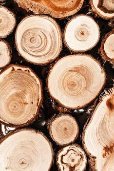 Natural juniper Wood pattern, view of wooden slises with tree rings and bark, Closeup of stacked tree cross-sections, organic texture in earthy tone for nature, woodworking, organic design photo