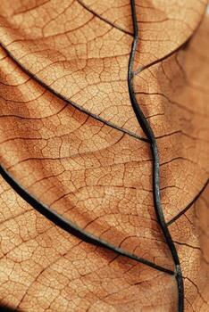 Autumnal Leaf Texture background. Macro photo of leaf show intricate brown texture, withered natural foliage at sunlight, dark shadows. Veins pattern in warm autumn hues, low depth of field