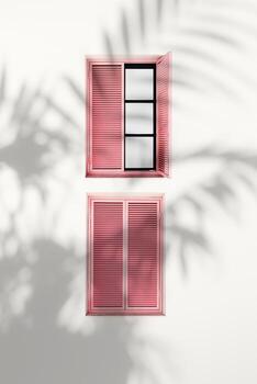 Retro Windows with pink closed Shutters Jalousie on light pink background with palm tree shadow, Window frame as pattern on outdoor wall building. Minimal design abstract. Summer, travel concept photo