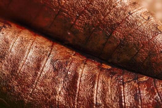 otoño seco hoja cerca arriba con natural las venas patrón, marrón hoja como naturaleza antecedentes. tendencia botánico diseño fondo, ambiente patrón, otoño estacional todavía vida macro tendencia foto