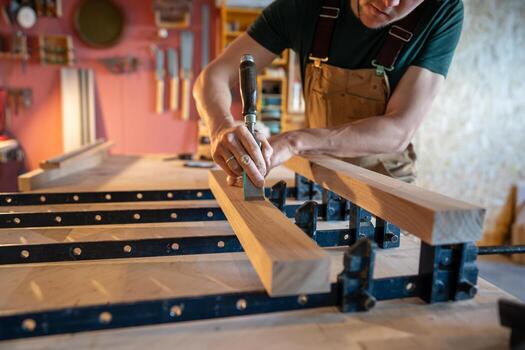 carpintero examinando vigas para desigual areas utilizando cincel a suave superficie antes de enlace en taller foto