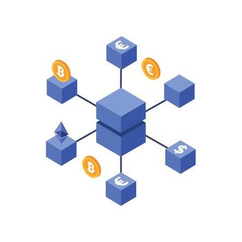 Pure Flat 2D Illustration of Blockchain Technology with Connected Blocks and Cryptocurrency Coin vector