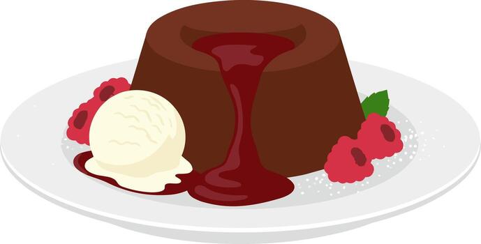 Simple Style Delicious Chocolate Lava Cake Dessert with Ice Cream and Raspberry vector