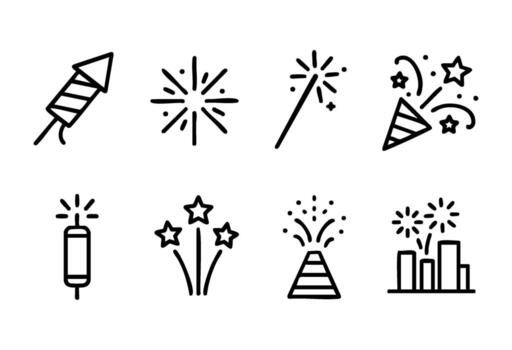 Various icons represent fireworks and party elements, capturing the excitement of celebrations. The simple line art showcases fun and festive vibes suitable for happy events. vector