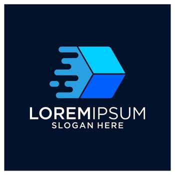 Abstract Geometric Cube Icon on Dark Blue Background with Velocity Effect and Text vector