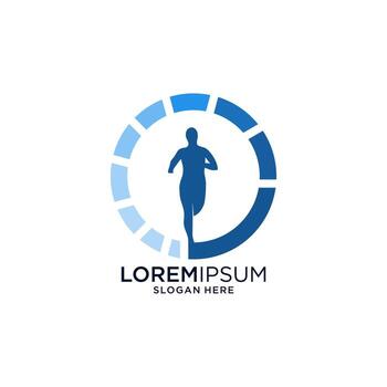 Running Figure Silhouette Inside Blue Circular Design Logo Concept With Text And Slogan vector