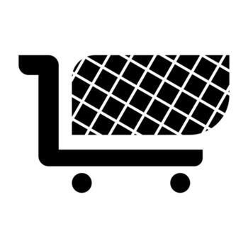 Black shopping cart icon with grid basket and bold wheels on white background, ideal for retail, e commerce, checkout, and minimalist consumer interface design. vector
