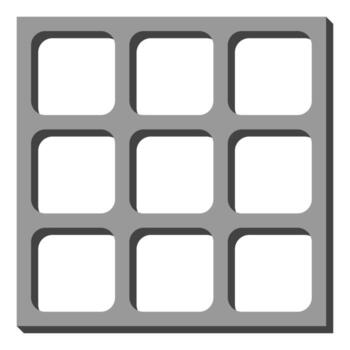 Modern 3x3 roaster grid with rounded openings and shadow depth on gray background, ideal for architecture, facade design, ventilation, and tropical building concepts. vector