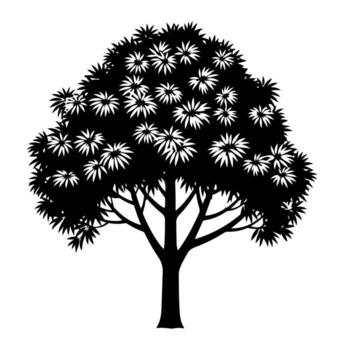 Silhouette image of a tree with rounded, leaf-filled crown and trunk on white background vector