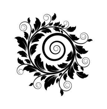 A symmetrical black floral design with a central spiral. Leaves and swirls create circular pattern vector