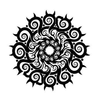 Black and white symmetrical circular design with swirls, dots, and spiky protrusions vector