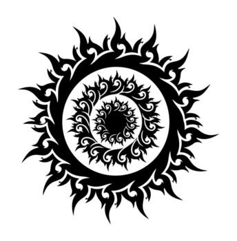 Black and white circular design with swirling patterns forming a layered spiral, like a sun vector