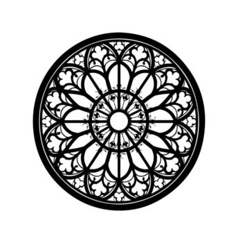 A black and white, circular, ornate design with detailed gothic tracery elements vector