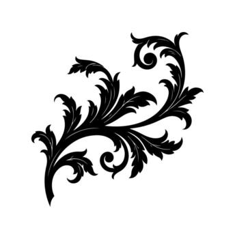 A black, ornate, floral design element with leaves and scrolls, centered on a white background vector