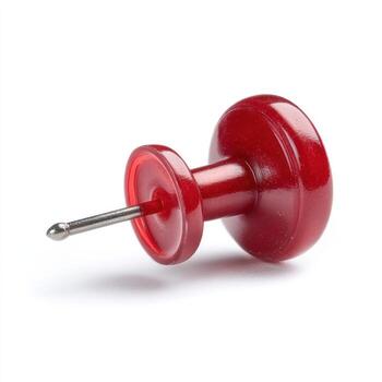 a red plastic button with a metal pin photo