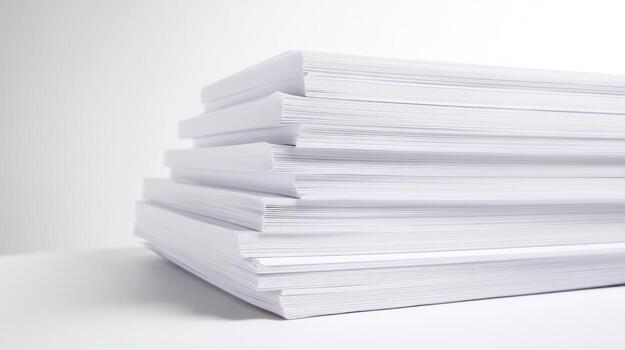 Stack of white paper sheets on a clean white surface photo