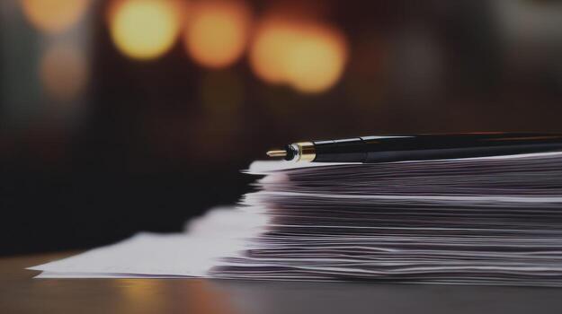 Stack of paper and pen for office work closeup photo