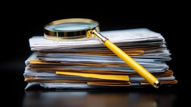 Magnifying glass examines stack of papers on black background photo