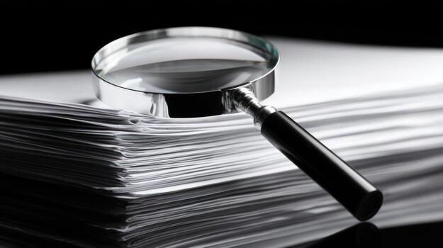 a magnifying glass is sitting on top of a stack of papers photo