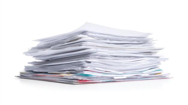 Pile of paper documents isolated against white background photo