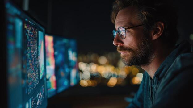 Man focused on computer screens studying data information photo