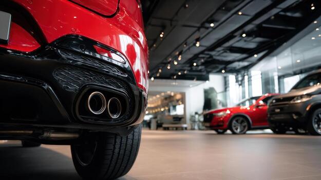 Close up view of red car exhaust and tail lights in showroom photo